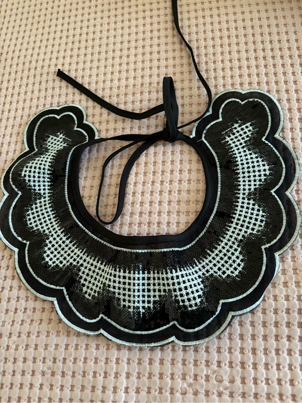 Black Embellished Scalloped Tie-Neck Collar